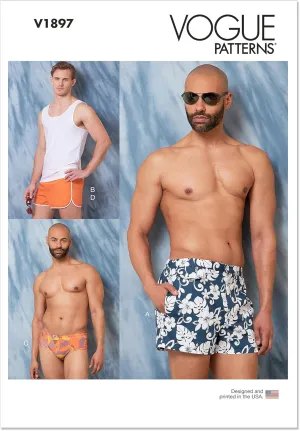 Vogue Men's Swimsuit and Tank Top Sewing Pattern Kit, Design Code V1897, Sizes S-M-L