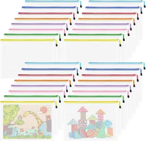 VVCO Mesh 32pcs Zipper Pouch Bags - A3 Size, 8 Color Mesh Zipper Pouches for Organizing, Board Game, Travel, School & Office