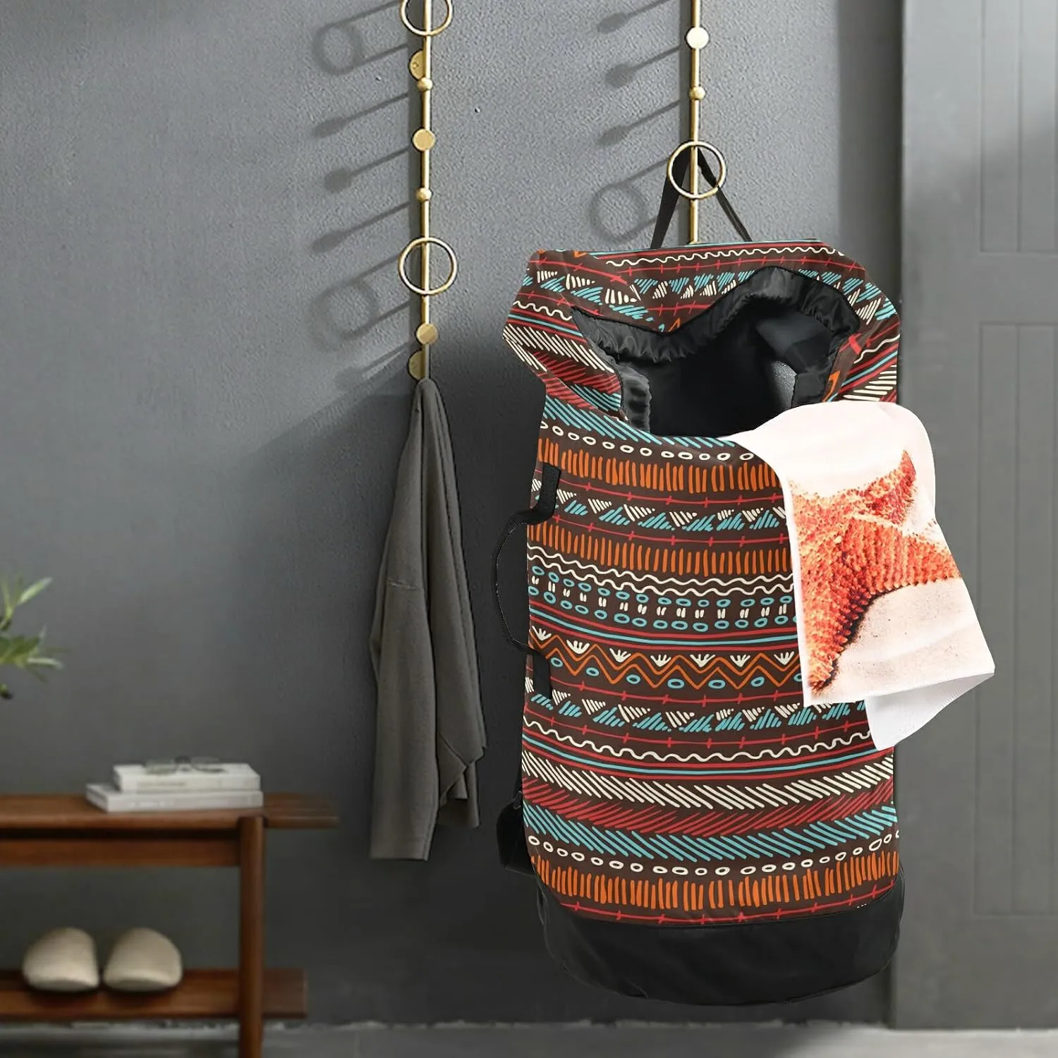 Washable Laundry Bag Backpack Large Dirty Clothes Bag with Adjustable Shoulder Strap Handles, Abstract Boho Extra Laundry Heavy Duty Drawstring Bag for Travel College Grey Camping