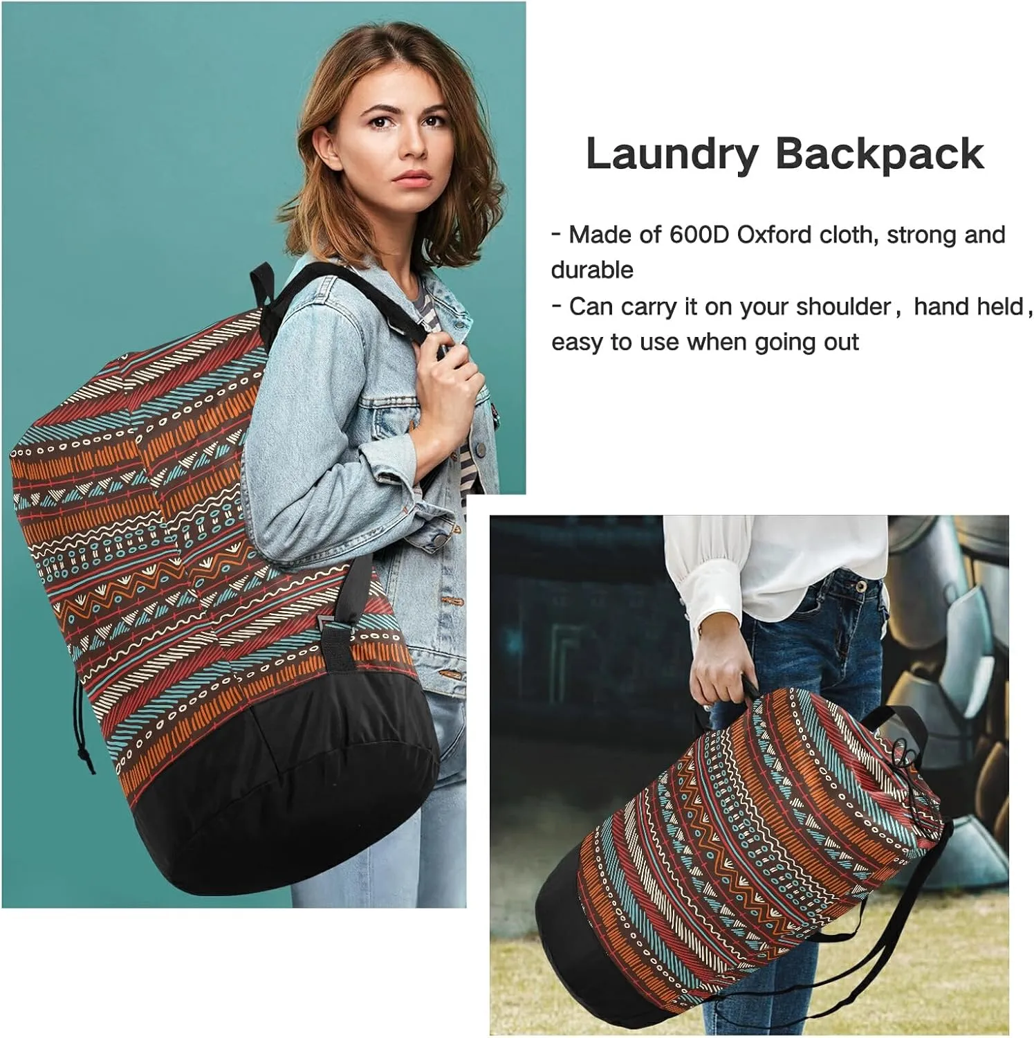 Washable Laundry Bag Backpack Large Dirty Clothes Bag with Adjustable Shoulder Strap Handles, Abstract Boho Extra Laundry Heavy Duty Drawstring Bag for Travel College Grey Camping