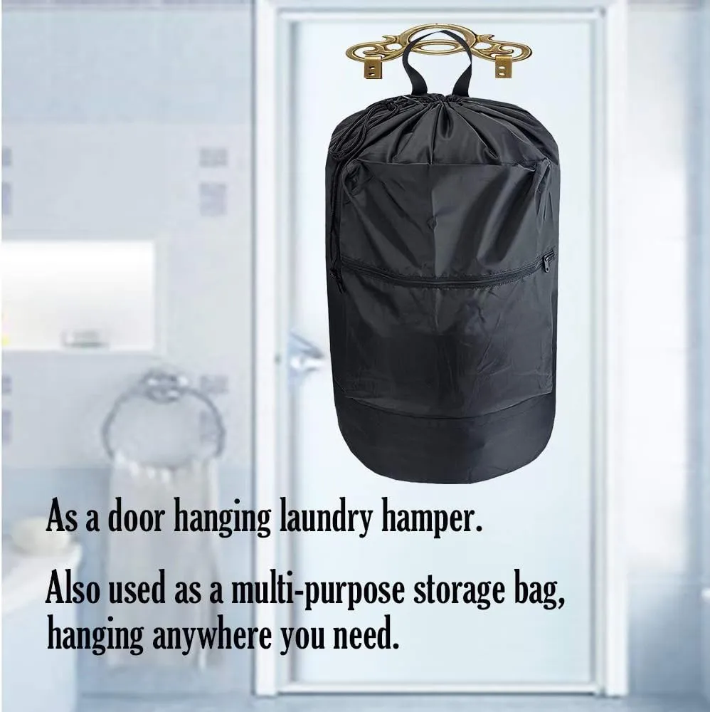 Washable Laundry Bag Backpack with Zipper Pocket, Heavy Duty Clothes Bag, 2 Strong Adjustable Shoulder Straps with Drawstring Closure for Travel, Camping or College, Black