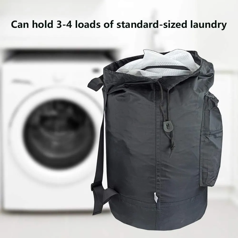 Washable Laundry Bag Backpack with Zipper Pocket, Heavy Duty Clothes Bag, 2 Strong Adjustable Shoulder Straps with Drawstring Closure for Travel, Camping or College, Black