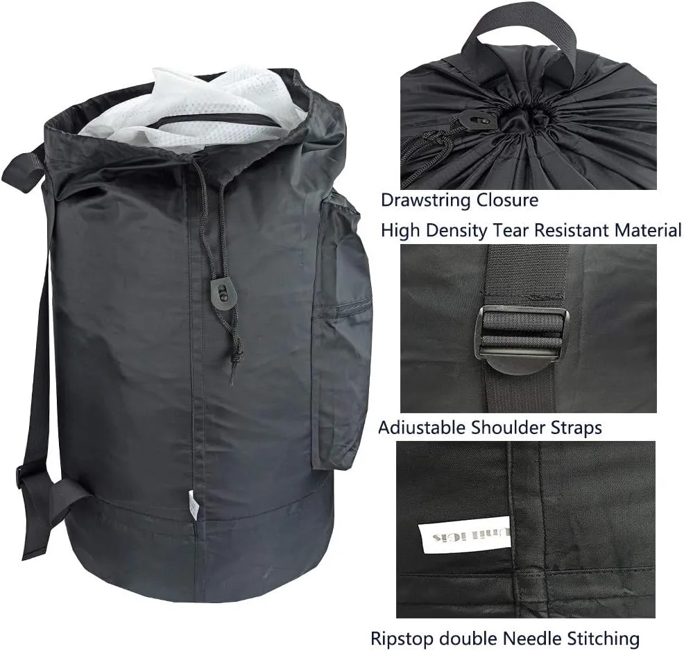 Washable Laundry Bag Backpack with Zipper Pocket, Heavy Duty Clothes Bag, 2 Strong Adjustable Shoulder Straps with Drawstring Closure for Travel, Camping or College, Black