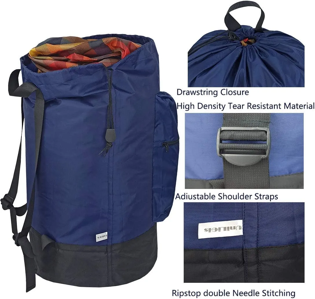 Washable Laundry Bag Backpack with Zipper Pocket, Heavy Duty Clothes Bag, 2 Strong Adjustable Shoulder Straps with Drawstring Closure for Travel, Camping or College, Navy Blue