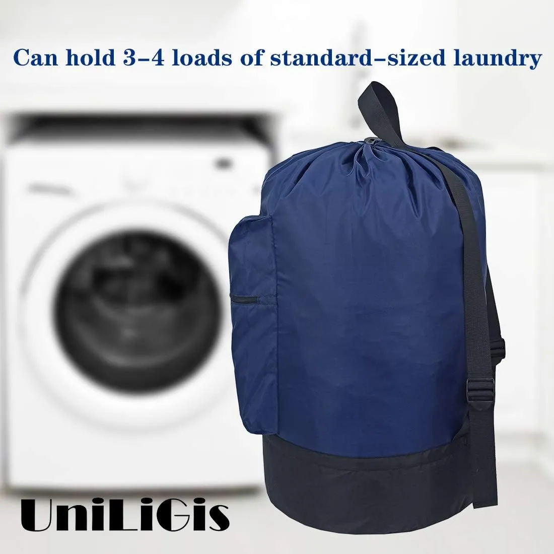 Washable Laundry Bag Backpack with Zipper Pocket, Heavy Duty Clothes Bag, 2 Strong Adjustable Shoulder Straps with Drawstring Closure for Travel, Camping or College, Navy Blue