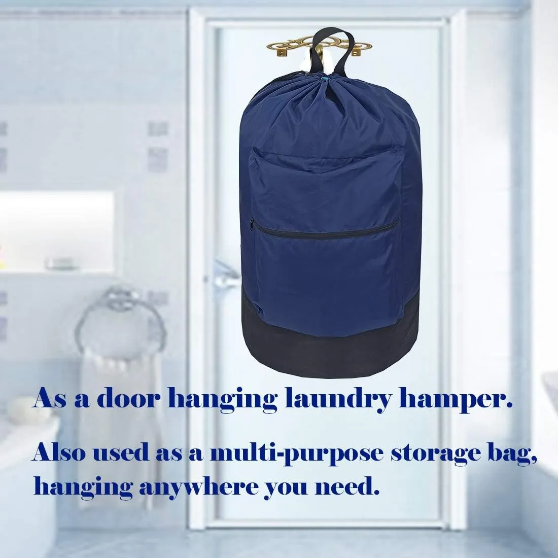 Washable Laundry Bag Backpack with Zipper Pocket, Heavy Duty Clothes Bag, 2 Strong Adjustable Shoulder Straps with Drawstring Closure for Travel, Camping or College, Navy Blue