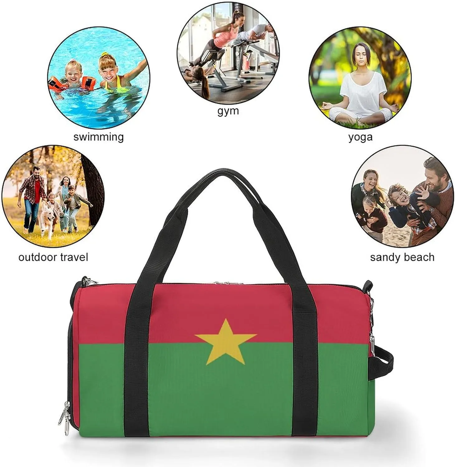 Waterproof Burkina Faso Flag Sports Duffel Bag for Men Women with Shoe Compartment and Wet Pocket
