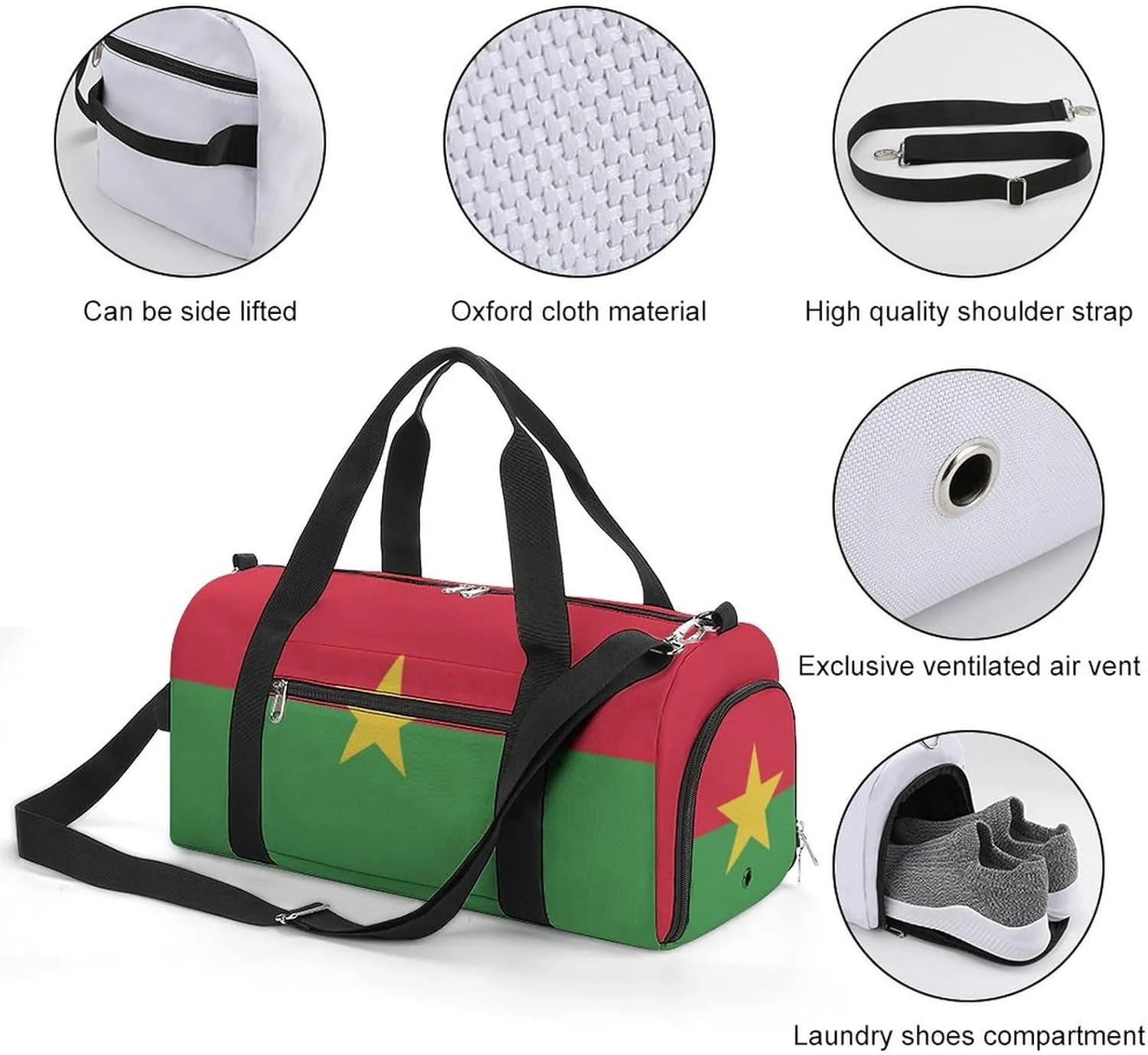 Waterproof Burkina Faso Flag Sports Duffel Bag for Men Women with Shoe Compartment and Wet Pocket