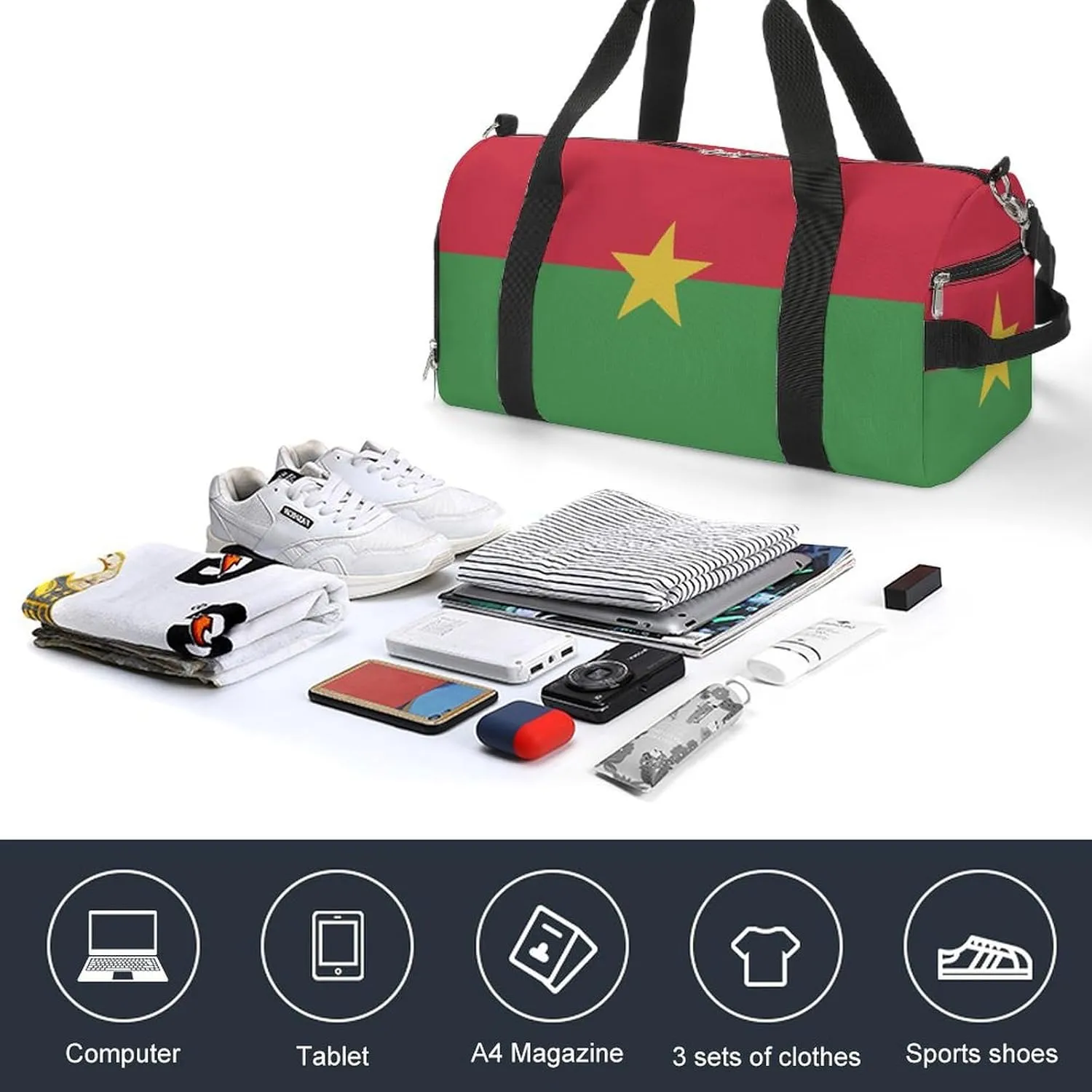 Waterproof Burkina Faso Flag Sports Duffel Bag for Men Women with Shoe Compartment and Wet Pocket