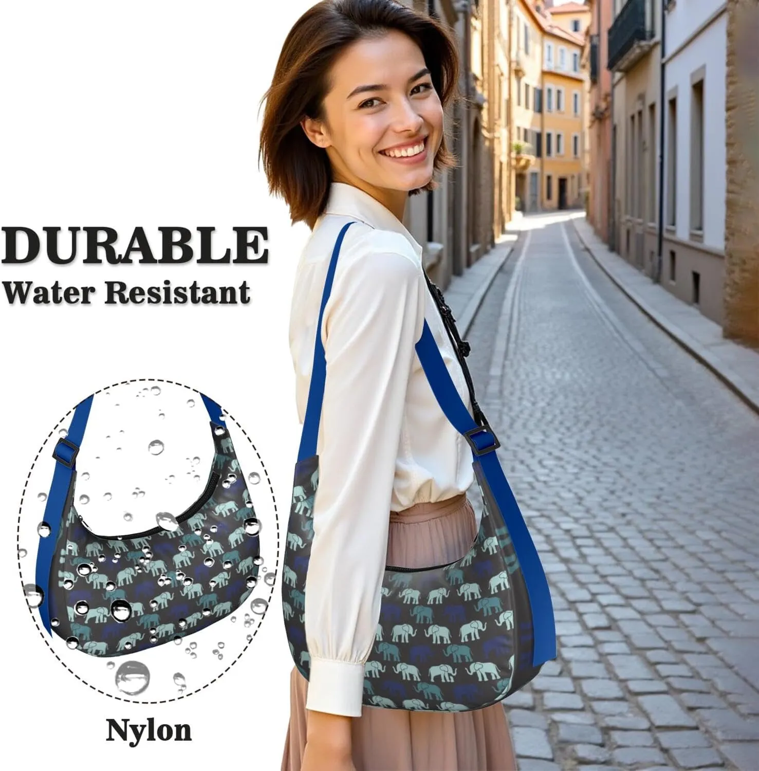 Waterproof Nylon Crescent Sling Crossbody Bag Casual Boho Elephant Shoulder Bag with Adjustable Strap for Work Travel