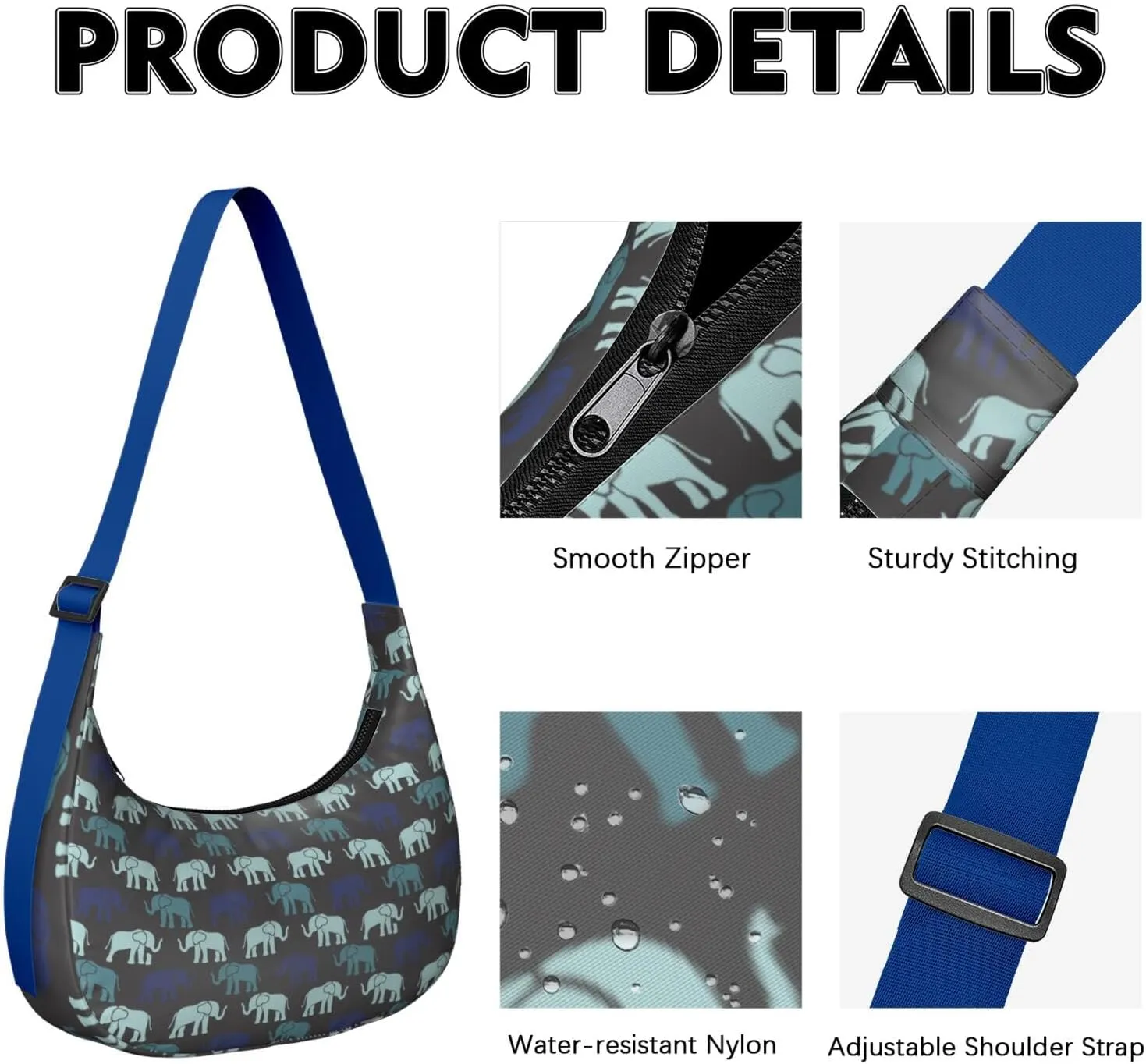 Waterproof Nylon Crescent Sling Crossbody Bag Casual Boho Elephant Shoulder Bag with Adjustable Strap for Work Travel