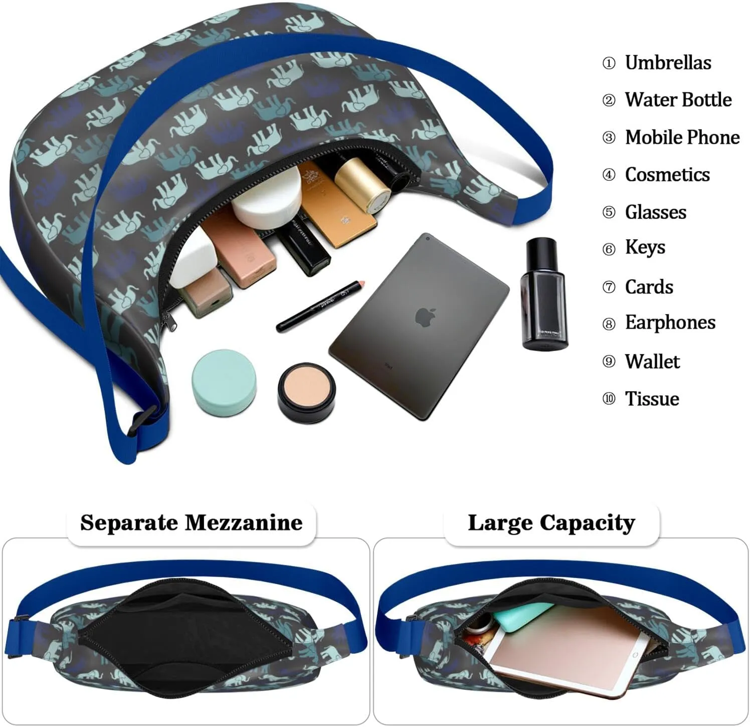Waterproof Nylon Crescent Sling Crossbody Bag Casual Boho Elephant Shoulder Bag with Adjustable Strap for Work Travel