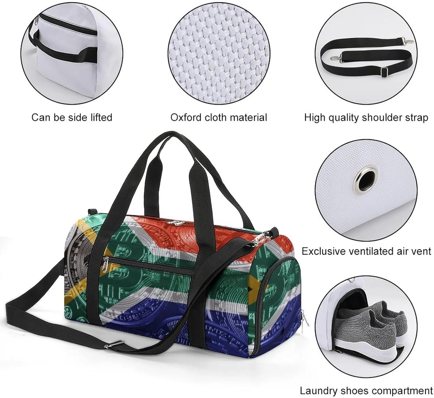 Waterproof South African Flag Bitcoin Duffel Bag with Shoe Compartment Gym Travel Yoga