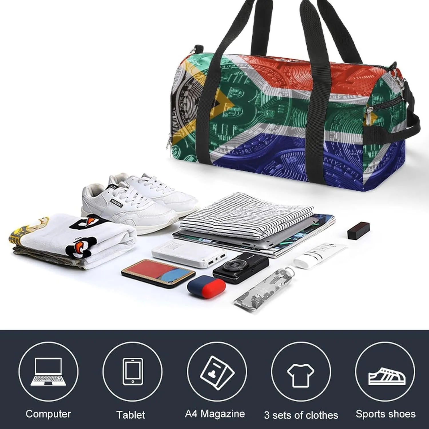 Waterproof South African Flag Bitcoin Duffel Bag with Shoe Compartment Gym Travel Yoga