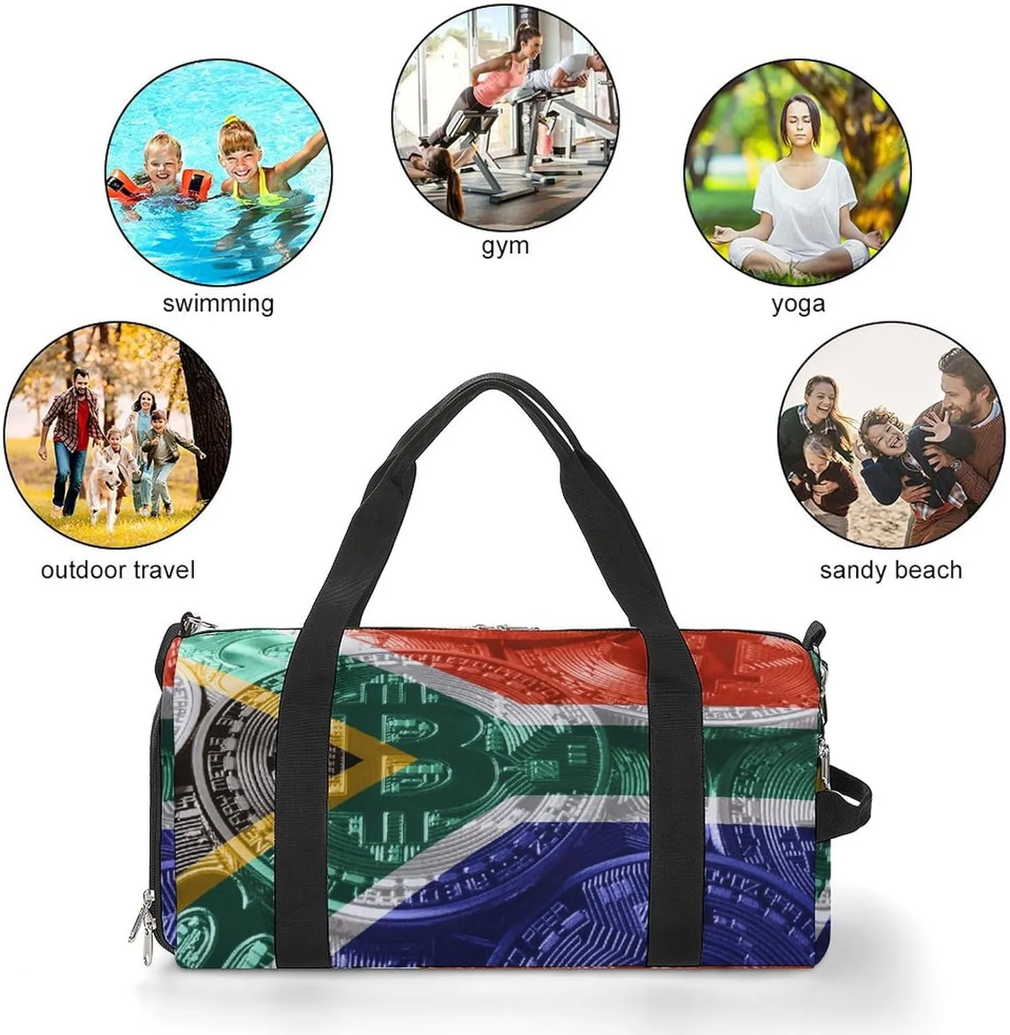 Waterproof South African Flag Bitcoin Duffel Bag with Shoe Compartment Gym Travel Yoga