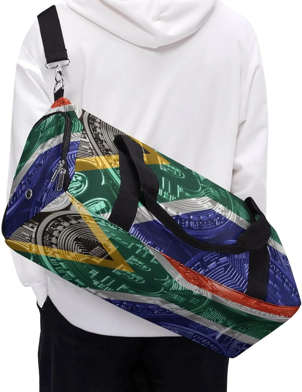 Waterproof South African Flag Bitcoin Duffel Bag with Shoe Compartment Gym Travel Yoga
