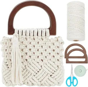 WEBEEDY Macrame Bag Kit for Adults Beginners, DIY Fringe Tassel Handbag Making Kit with Wooden Handle, Boho Tote Bag Kit for Women, Beach Holiday Christmas Decor Gift, 6.4x8.4
