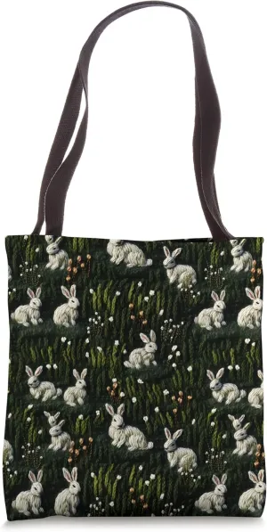 Whimsical Embroidered White Rabbits In Green Grassy Field Tote Bag