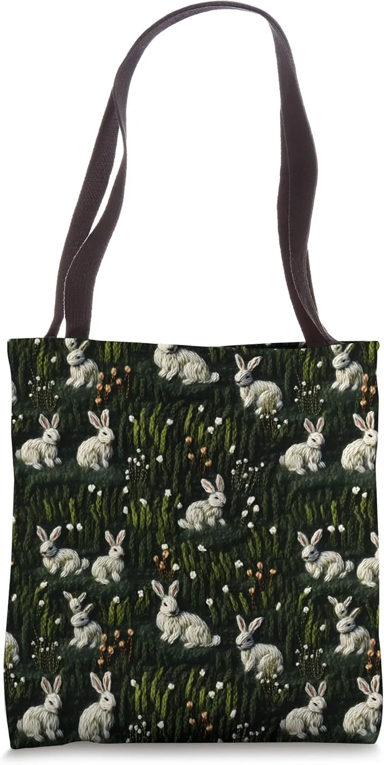 Whimsical Embroidered White Rabbits In Green Grassy Field Tote Bag