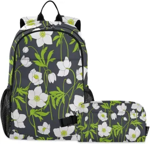 White Anemones Flowers Green Leaves Backpack Teenage School Backpack Travel Bookbag for Kids Casual Daypack with Lunch Box