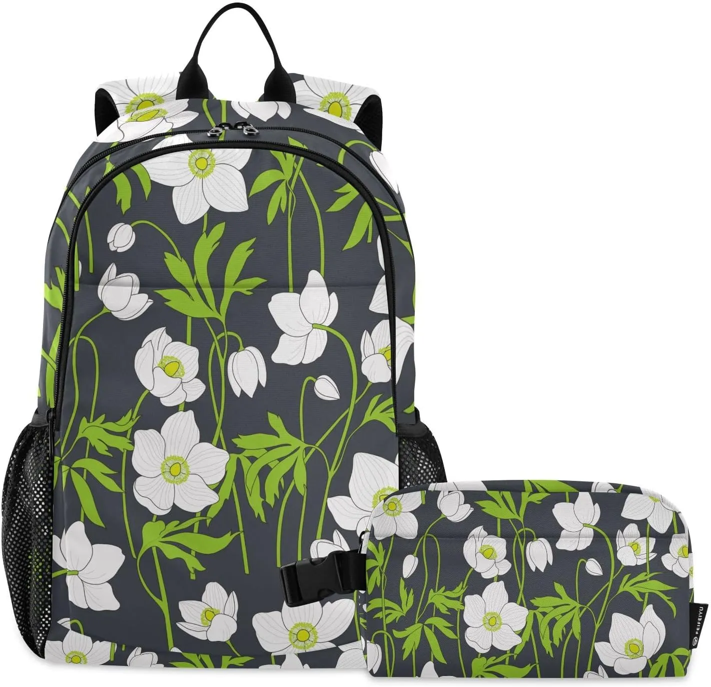 White Anemones Flowers Green Leaves Backpack Teenage School Backpack Travel Bookbag for Kids Casual Daypack with Lunch Box