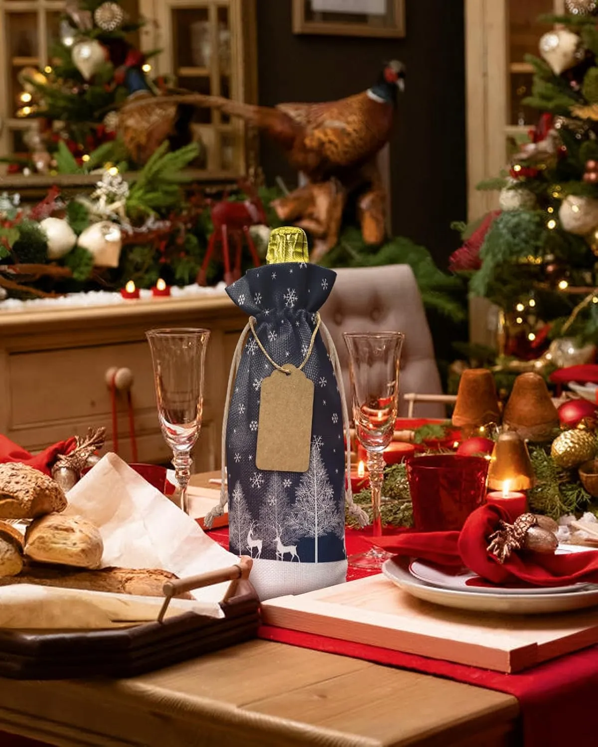 Wine Gift Bag Washable Wine Bags for Wine Bottles Gifts Christmas Forest Elk Pine Trees Snowflakes Blue Wine Travel Bag Burlap Wine Bags with Drawstrings Tabs, 10PCS, 6.3x17.3 Inch