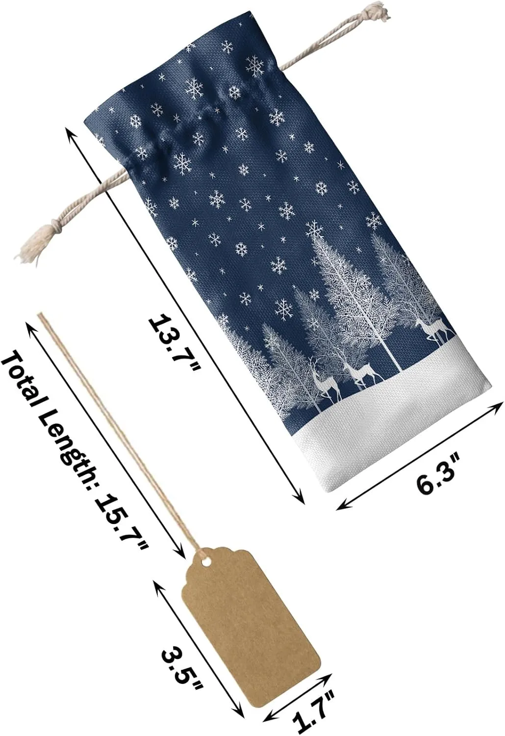 Wine Gift Bag Washable Wine Bags for Wine Bottles Gifts Christmas Forest Elk Pine Trees Snowflakes Blue Wine Travel Bag Burlap Wine Bags with Drawstrings Tabs, 10PCS, 6.3x17.3 Inch
