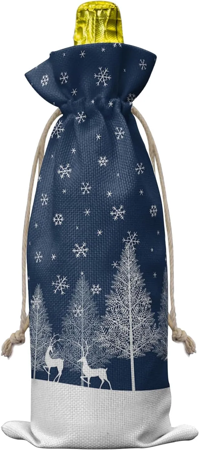 Wine Gift Bag Washable Wine Bags for Wine Bottles Gifts Christmas Forest Elk Pine Trees Snowflakes Blue Wine Travel Bag Burlap Wine Bags with Drawstrings Tabs, 10PCS, 6.3x17.3 Inch