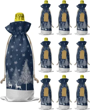 Wine Gift Bag Washable Wine Bags for Wine Bottles Gifts Christmas Forest Elk Pine Trees Snowflakes Blue Wine Travel Bag Burlap Wine Bags with Drawstrings Tabs, 10PCS, 6.3x17.3 Inch