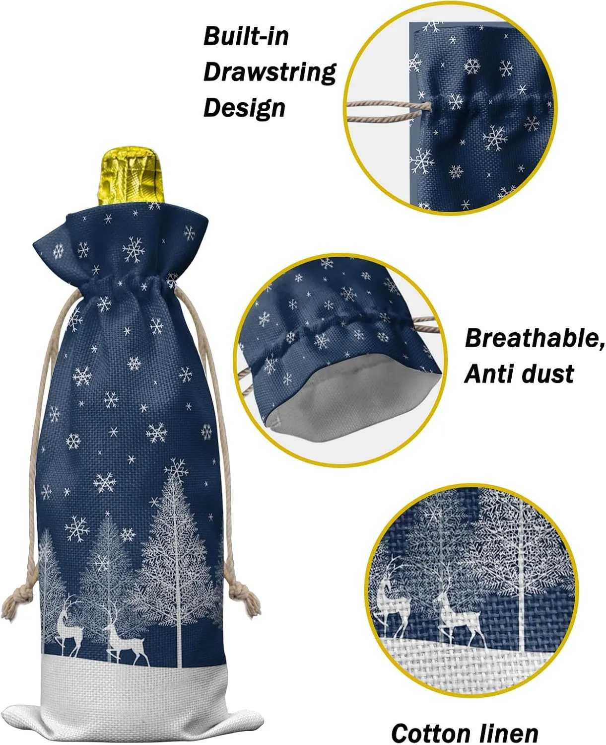 Wine Gift Bag Washable Wine Bags for Wine Bottles Gifts Christmas Forest Elk Pine Trees Snowflakes Blue Wine Travel Bag Burlap Wine Bags with Drawstrings Tabs, 10PCS, 6.3x17.3 Inch