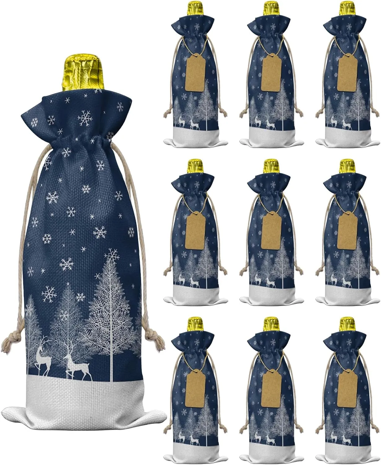 Wine Gift Bag Washable Wine Bags for Wine Bottles Gifts Christmas Forest Elk Pine Trees Snowflakes Blue Wine Travel Bag Burlap Wine Bags with Drawstrings Tabs, 10PCS, 6.3x17.3 Inch