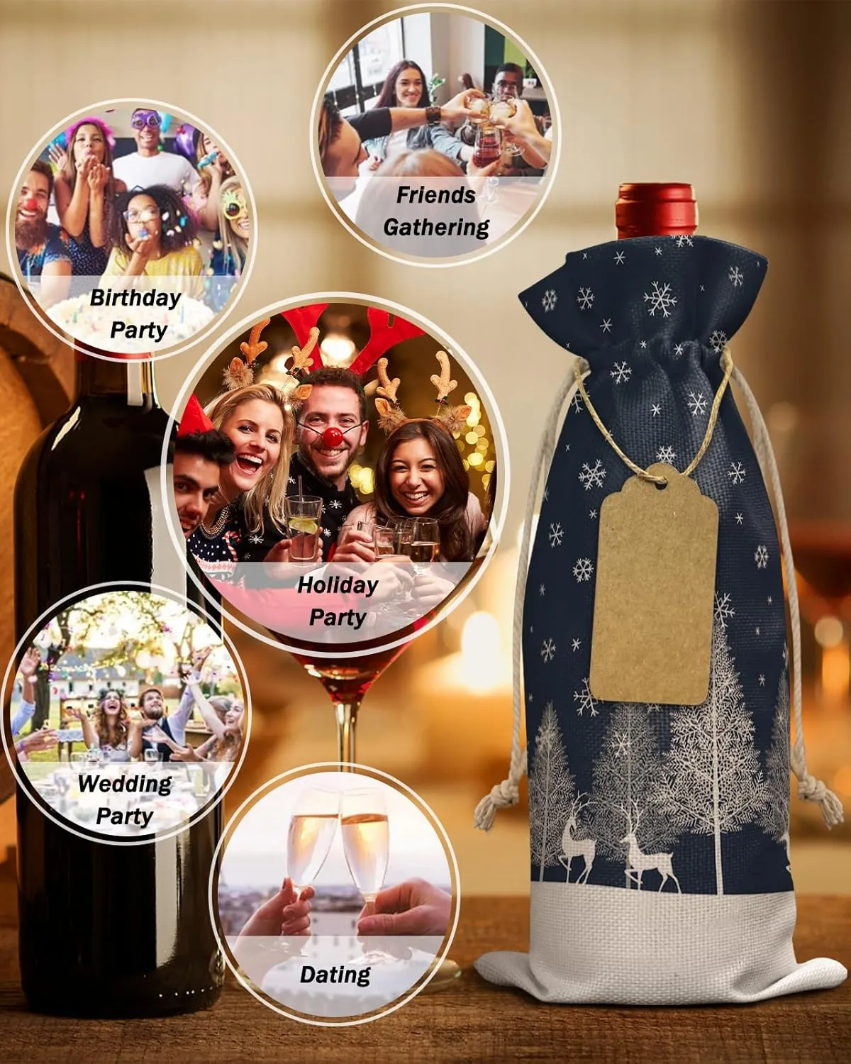 Wine Gift Bag Washable Wine Bags for Wine Bottles Gifts Christmas Forest Elk Pine Trees Snowflakes Blue Wine Travel Bag Burlap Wine Bags with Drawstrings Tabs, 10PCS, 6.3x17.3 Inch