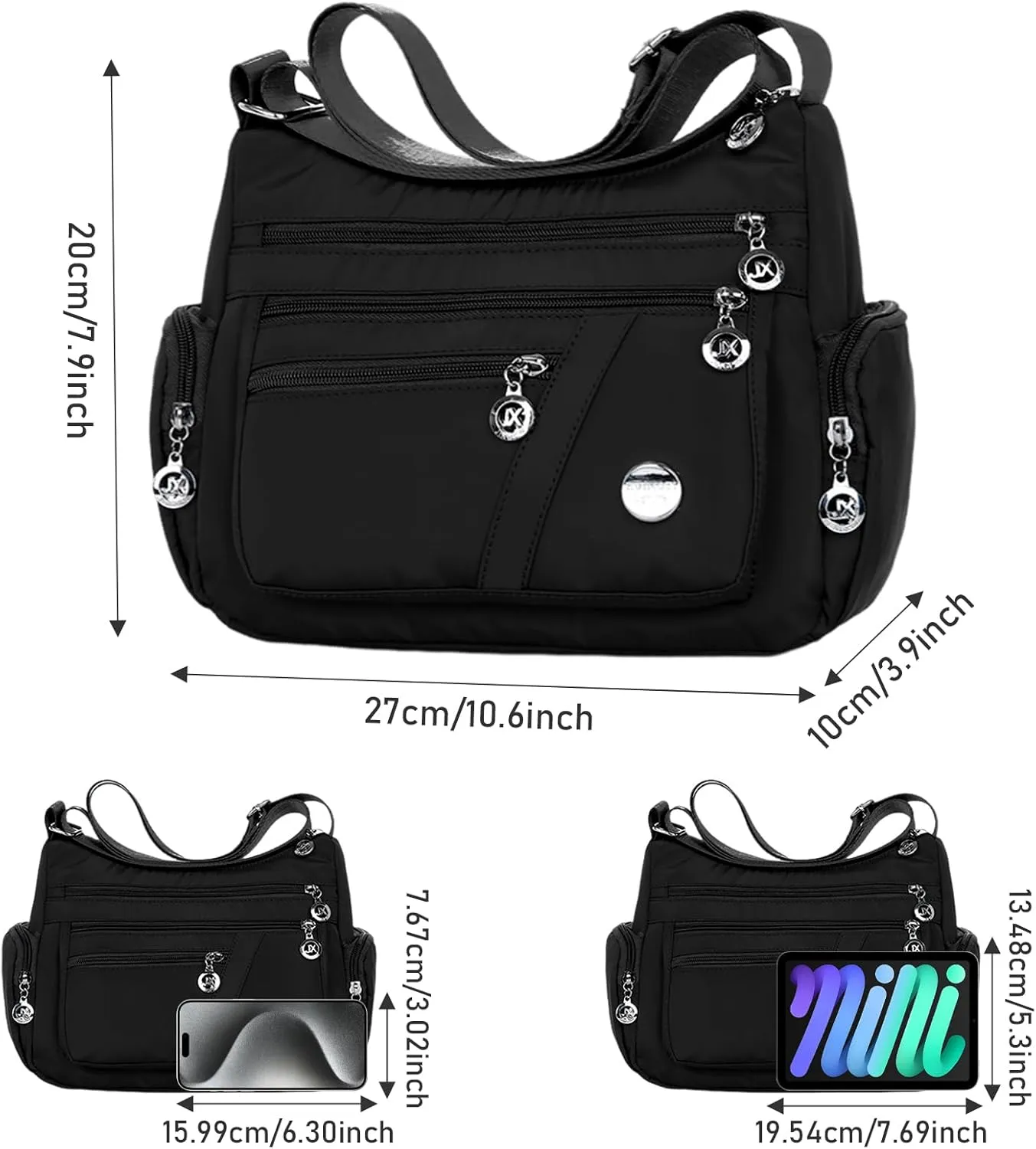 WITERY Nylon Crossboby Bags for Women - Waterproof Zipper Multi-Pocket Crossboby Purse Lightweight Shoulder Bag