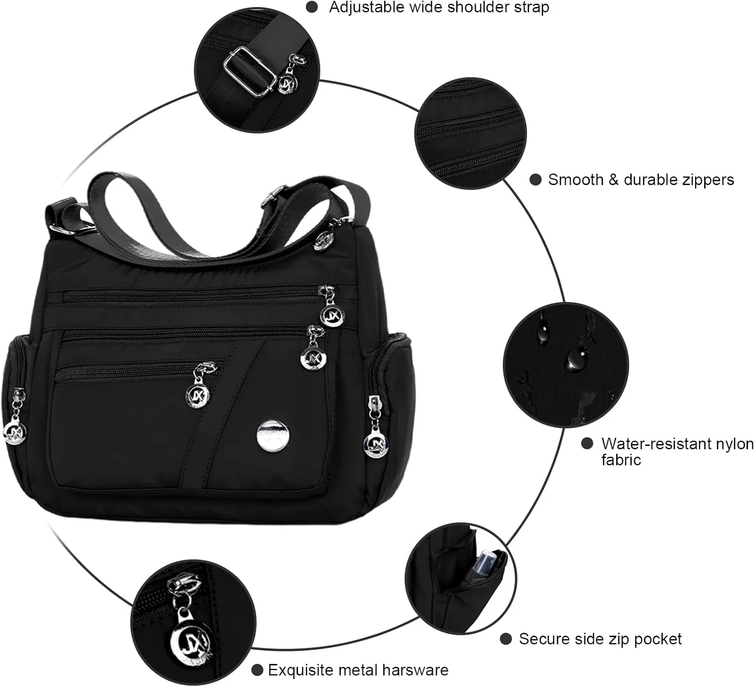 WITERY Nylon Crossboby Bags for Women - Waterproof Zipper Multi-Pocket Crossboby Purse Lightweight Shoulder Bag