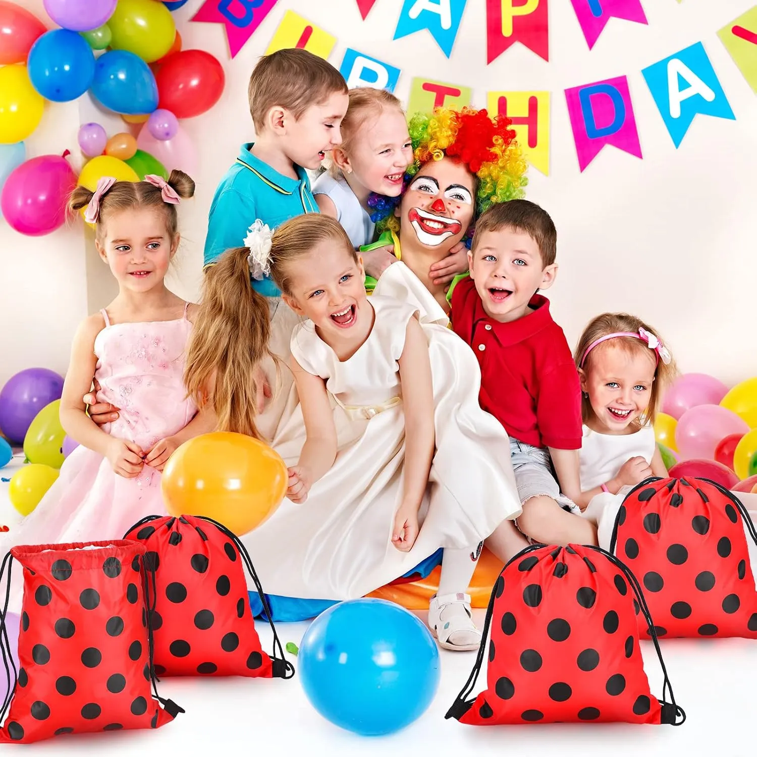 Woanger Ladybug Party Drawstring Bags Ladybug Party Favors Red Black Polka Dots Candy Goodie Gift Bags for Birthday Baby Shower Supplies(30 Pcs)