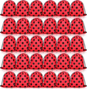 Woanger Ladybug Party Drawstring Bags Ladybug Party Favors Red Black Polka Dots Candy Goodie Gift Bags for Birthday Baby Shower Supplies(30 Pcs)
