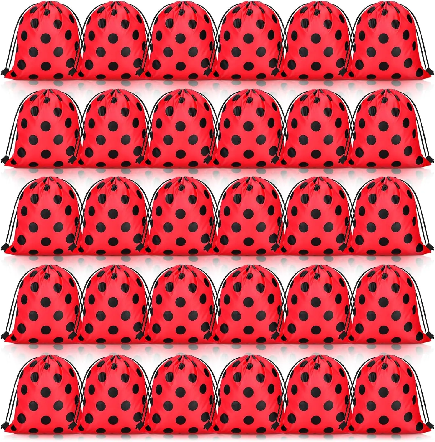 Woanger Ladybug Party Drawstring Bags Ladybug Party Favors Red Black Polka Dots Candy Goodie Gift Bags for Birthday Baby Shower Supplies(30 Pcs)