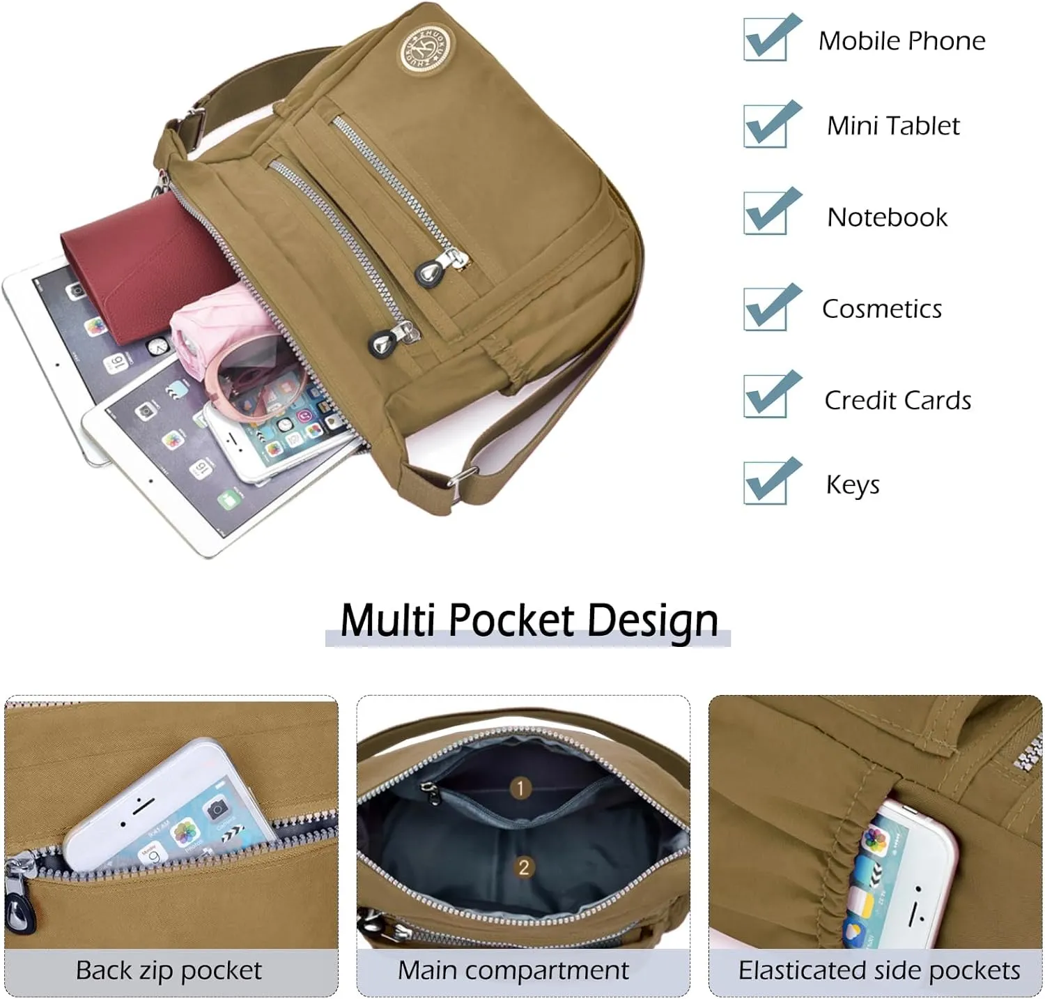 Women Crossbody Bag Multi Pocket Casual Messenger Bag Nylon Shoulder Handbag Waterproof Ladies Travel Purse