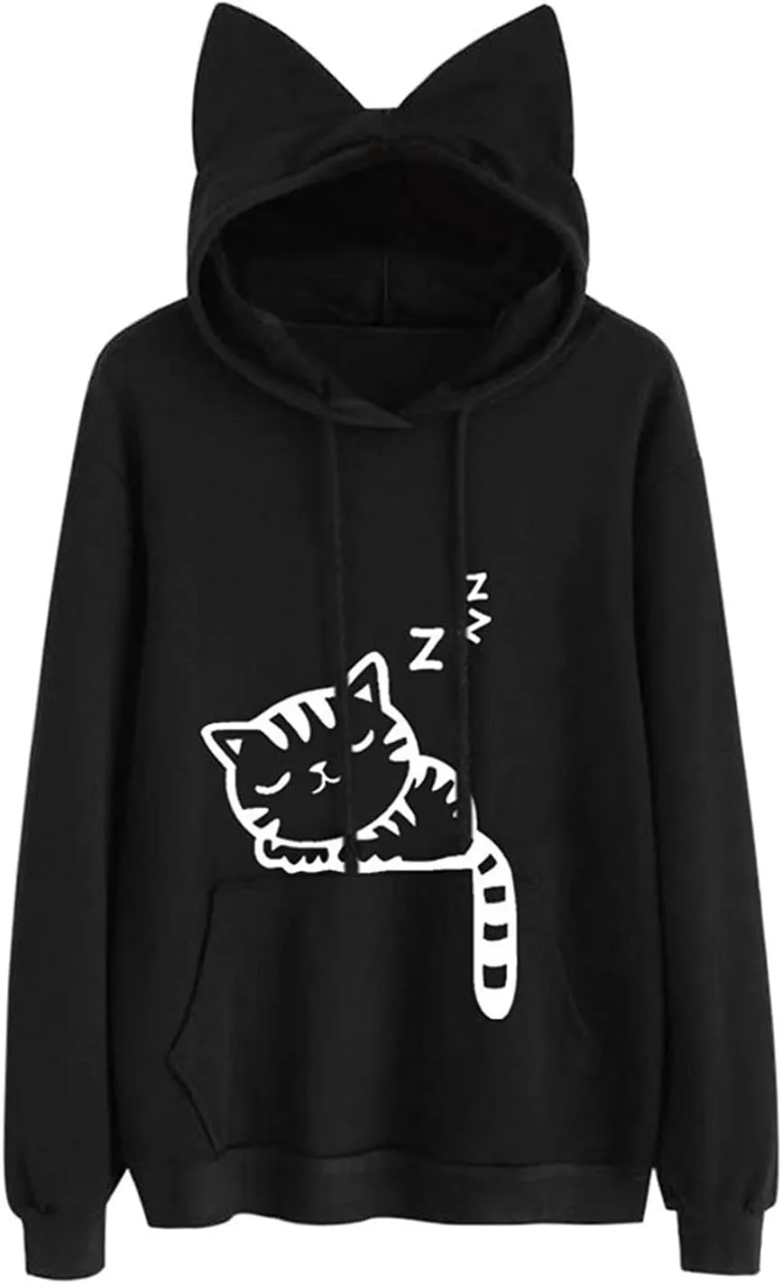 Women Girl Hoodies Cute Cat Ear Novelty Printed Pullover Sweatshirt