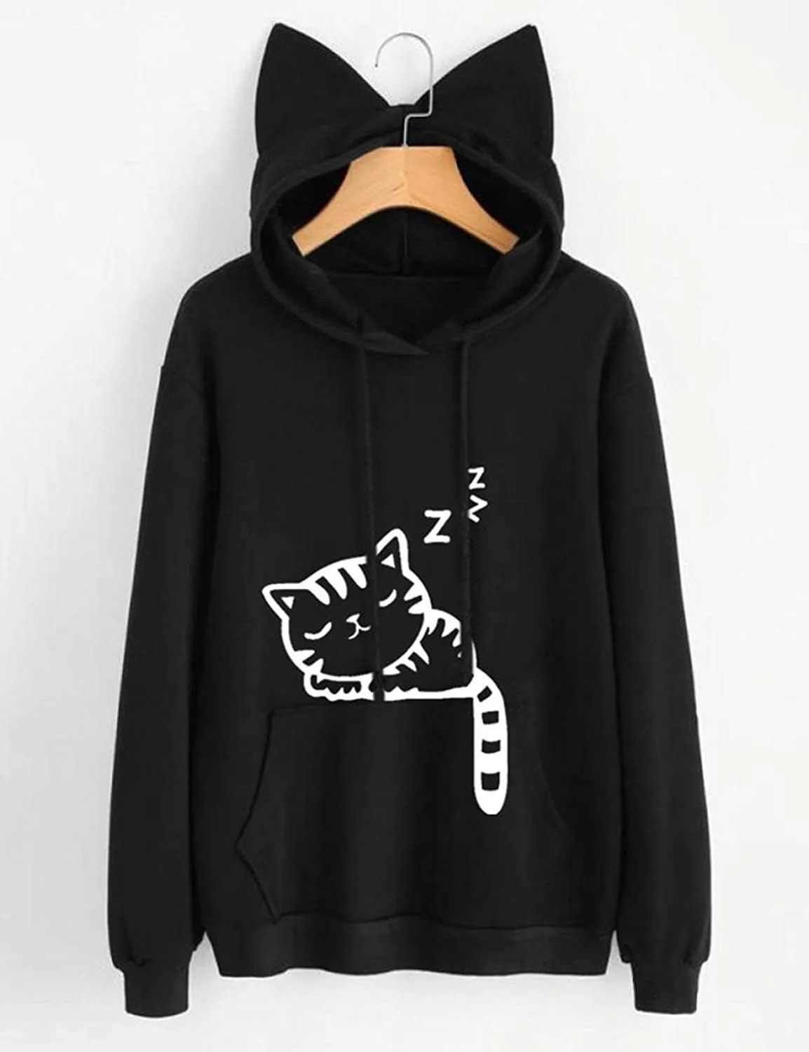 Women Girl Hoodies Cute Cat Ear Novelty Printed Pullover Sweatshirt