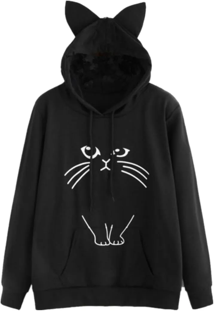 Women Girl Hoodies Cute Cat Ear Novelty Printed Pullover Sweatshirt