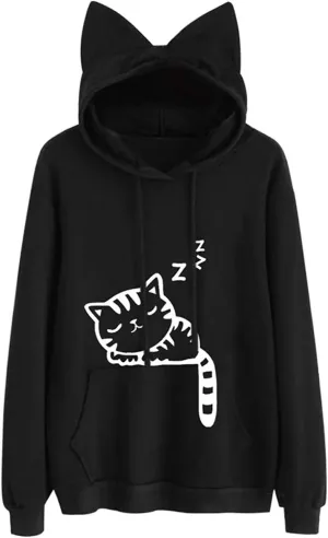 Women Girl Hoodies Cute Cat Ear Novelty Printed Pullover Sweatshirt