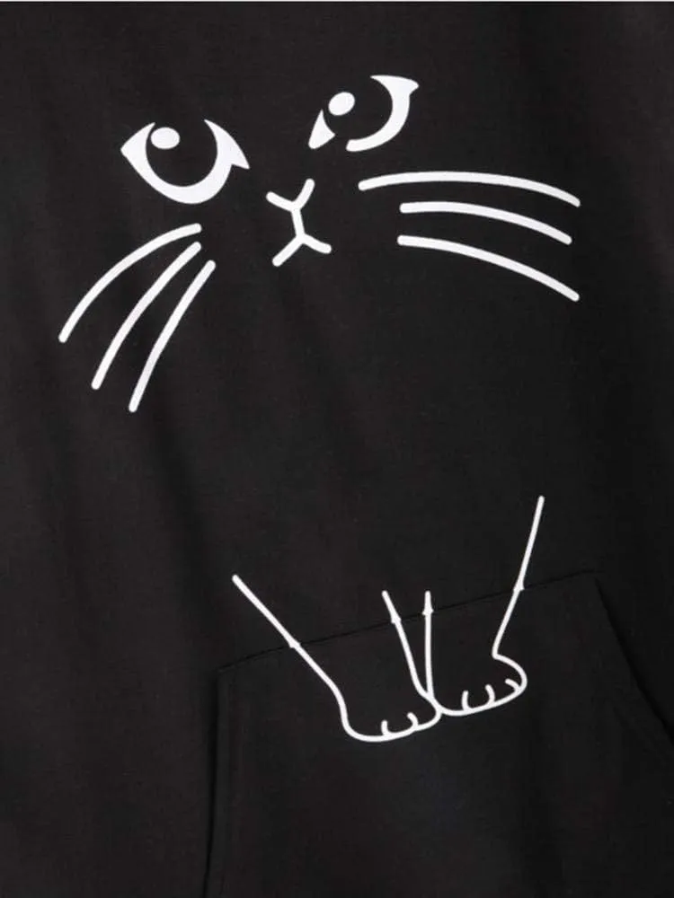 Women Girl Hoodies Cute Cat Ear Novelty Printed Pullover Sweatshirt