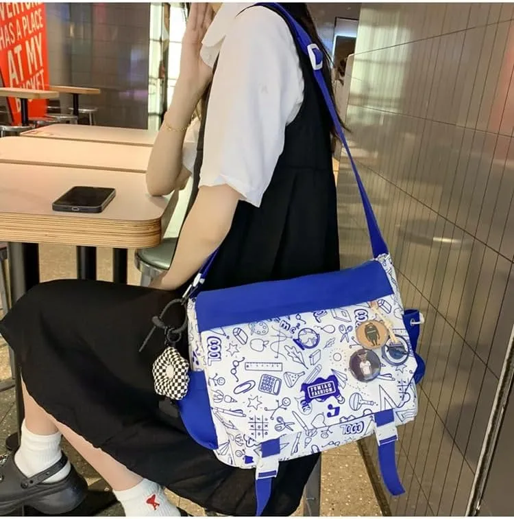 Women Men Crossbody Shoulder Bag Nylon Messenger Bag Doodle Print Color Shoulder Bag Multi-pocket Portable Bag (Blue)