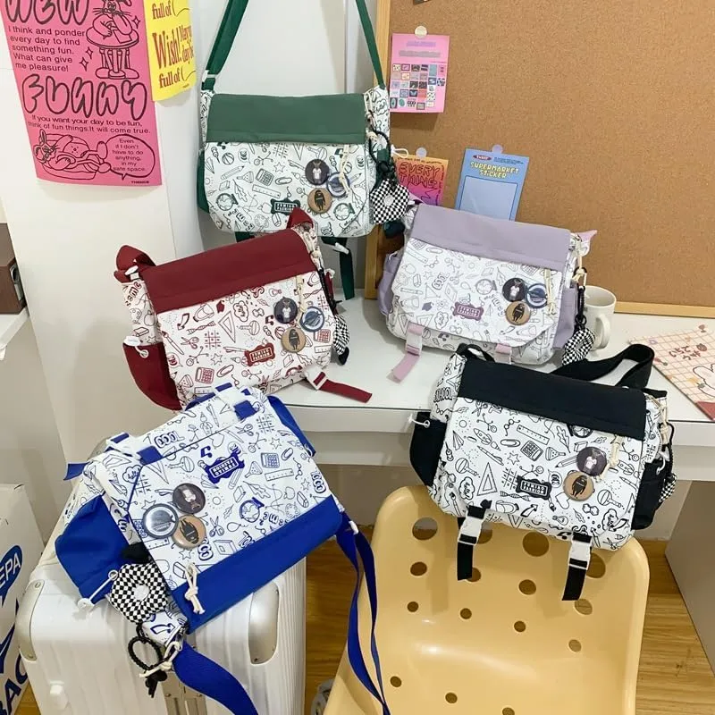 Women Men Crossbody Shoulder Bag Nylon Messenger Bag Doodle Print Color Shoulder Bag Multi-pocket Portable Bag (Blue)