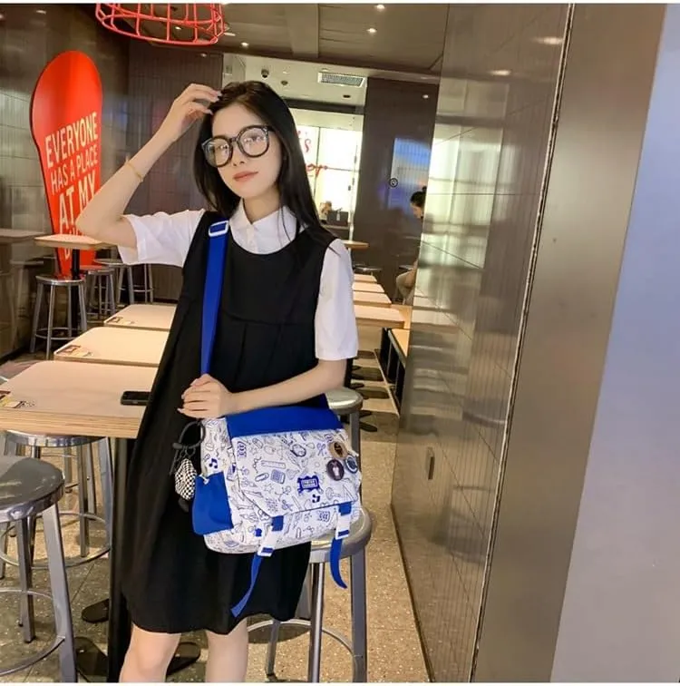Women Men Crossbody Shoulder Bag Nylon Messenger Bag Doodle Print Color Shoulder Bag Multi-pocket Portable Bag (Blue)