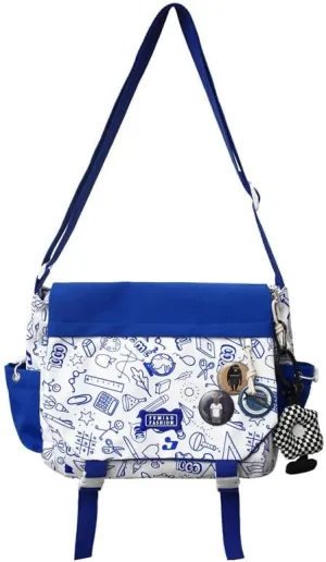 Women Men Crossbody Shoulder Bag Nylon Messenger Bag Doodle Print Color Shoulder Bag Multi-pocket Portable Bag (Blue)