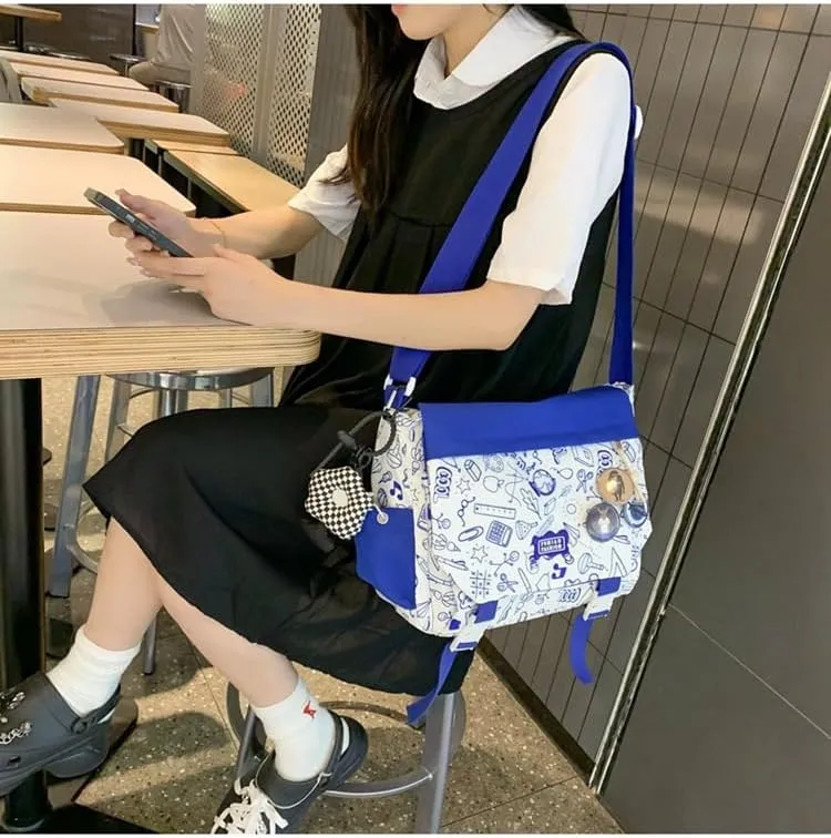 Women Men Crossbody Shoulder Bag Nylon Messenger Bag Doodle Print Color Shoulder Bag Multi-pocket Portable Bag (Blue)