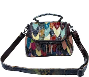 Women Multicolor Handbag Genuine Leather Colorful 3D Leaves Stitching Shoulder Purse Bohemian Vintage Crossbody
