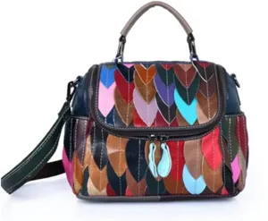Women Multicolor Handbag Genuine Leather Colorful 3D Leaves Stitching Shoulder Purse Bohemian Vintage Crossbody